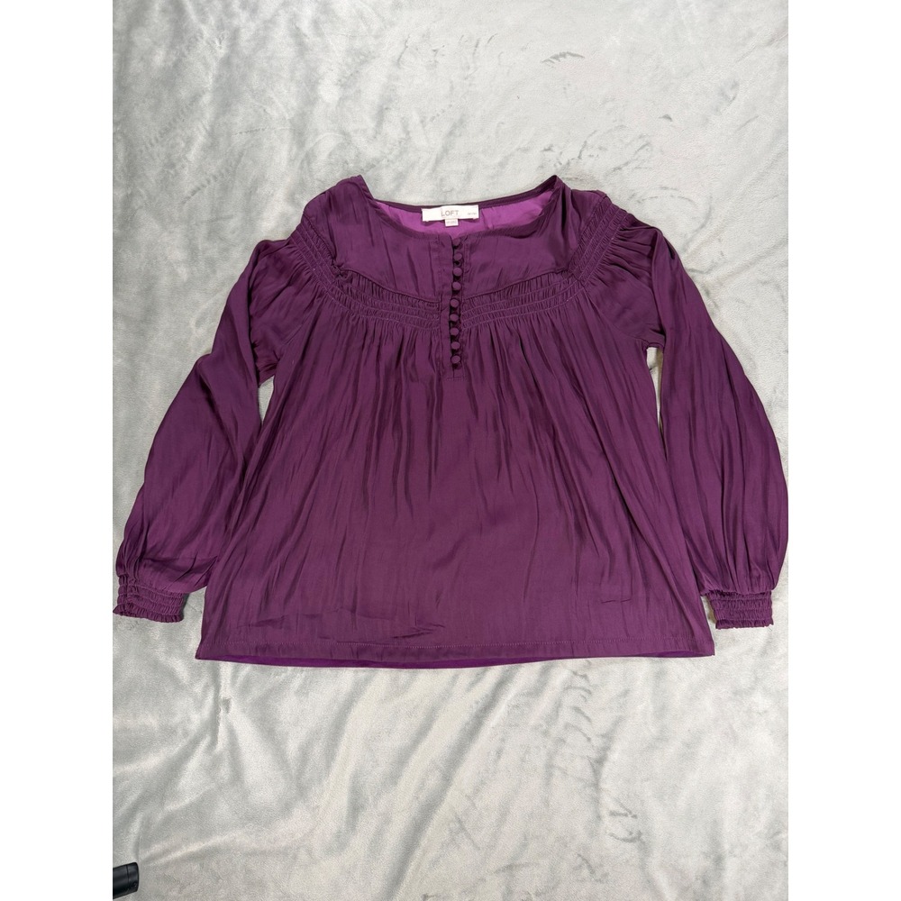 Loft Petites Purple Plum Long Sleeve Smocked Wrist Boho Peasant Blouse Size XSP